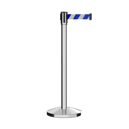 MONTOUR LINE Retractable Belt Barrier Stanchion, 2" Pol.Steel Post  9' Blu/Wh Belt M530-PS-BWD-90